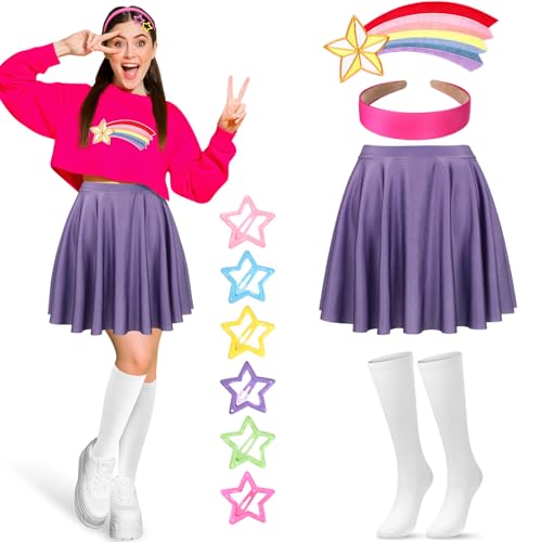 Cozypower 5 Stück Halloween-Kostüm-Zubehör für Damen, Regenbogen-Aufnäher, Rosa, Stirnband, Rock, Strumpfhose, Halloween, Cosplay von Cozypower