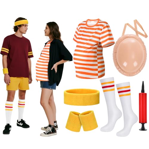 Cozypower 6 Stück Schwangerschafts-Halloween-Kostüm, aufblasbarer Bauch, orangefarbenes gestreiftes T-Shirt, Haarband, Armbänder, Kniestrümpfe, Hauptsächlich Orange und Weiß, L von Cozypower