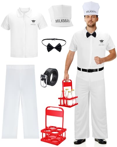 Cozypower 6-teiliges Halloween-Kostüm-Set im 50er-Jahre-Milkmann-Kostüm-Set mit Milkmann-Hut, Hemd, Hose, Fliege, Gürtel, Milchkorb für Cosplay-Party (XL) von Cozypower