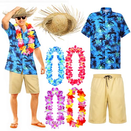 Cozypower 7-teiliges Hawaii-Kostüm-Set für Herren mit Hemd, lässig, kurz, mit Strohhut und Kranz, Hawaiianische Luau-Party-Outfits (XL) von Cozypower