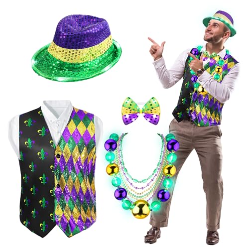 Cozypower Mardi Gras Westen-Set für Herren, 76,2 cm, beleuchtete Jumbo-Mardi-Gras-Perlen-Halskette, LED-Paillettenhut, Fliege für Party, Größe L, 10-teilig Cozypower Mardi Gras Westen-Set für Herren, 76,2 cm, beleuchtete Jumbo-Mardi-Gras-Perlen-Halskette, LED-Paillettenhut, Fliege für Party, Größe L, 10-teilig von Cozypower