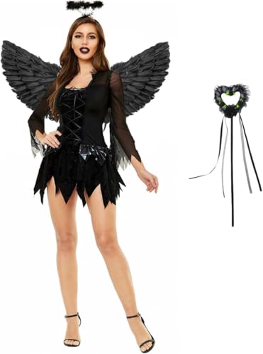 Adult Dark Angel Costume Set Women Black Dress Angel Wings Halo Headband Fairy Wand Fullset (XXL) von Cozzmats