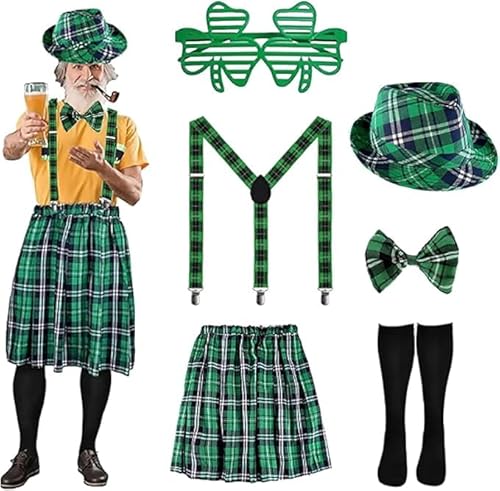 Scottish Set for Men Checked Kilt and Barrett Mini Skirt Hat Scottish Lady Scotland St Patricks Day Costume Party Supplies Irish Check Pattern Fancy Dress Costumes (A,M) von Cozzmats