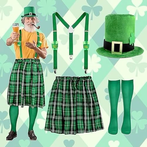 Scottish Set for Men Checked Kilt and Barrett Mini Skirt Hat Scottish Lady Scotland St Patricks Day Costume Party Supplies Irish Check Pattern Fancy Dress Costumes (B,M) von Cozzmats