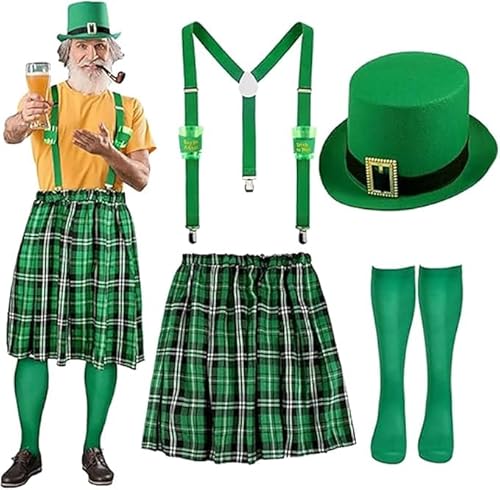 Scottish Set for Men Checked Kilt and Barrett Mini Skirt Hat Scottish Lady Scotland St Patricks Day Costume Party Supplies Irish Check Pattern Fancy Dress Costumes (C,M) von Cozzmats