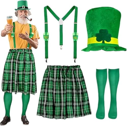 Scottish Set for Men Checked Kilt and Barrett Mini Skirt Hat Scottish Lady Scotland St Patricks Day Costume Party Supplies Irish Check Pattern Fancy Dress Costumes (Green,M) von Cozzmats