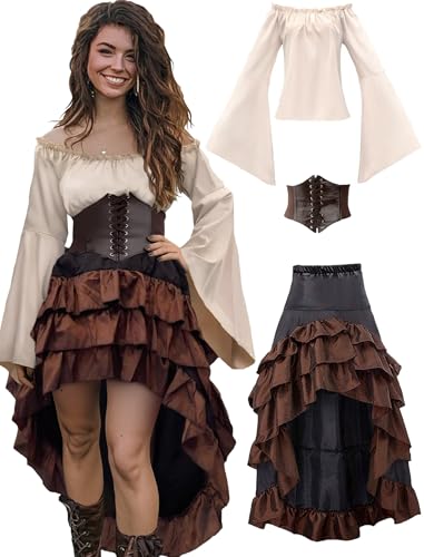 Costume Women Outfit with Renaissance Shirt Skirt Corset Waist Belt Womens Halloween Costumes (White+Red, M) (Beige+brown,Small) von Cozzmats