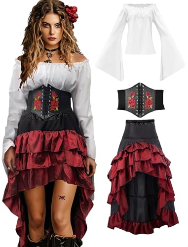 Costume Women Outfit with Renaissance Shirt Skirt Corset Waist Belt Womens Halloween Costumes (White+Red, M) (White+red,Large) von Cozzmats