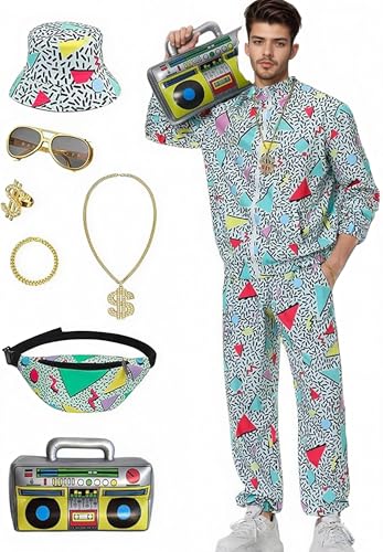 Cozzmats 90er 80er Jahre Outfit Herren, 80er Trainingsanzug Jacke Hose Anzug mit Goldkette Sonnenbrille, Karneval Kostüm Hip Hop Sportbekleidung (Grün,XXL) von Cozzmats