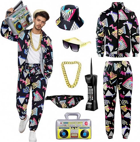Cozzmats 90er 80er Jahre Outfit Herren, 80er Trainingsanzug Jacke Hose Anzug mit Goldkette Sonnenbrille, Karneval Kostüm Hip Hop Sportbekleidung (Schwarz,XXL) von Cozzmats