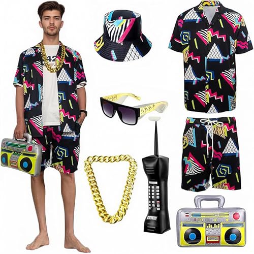 Cozzmats Men's 80s 90s Outfit, 7 Pieces, 80s 90s Outfit, Retro Shirts and Shorts Set with Gold Chain Sunglasses, Fashion Sportswear for Fancy Dress, Disco Party (Black,S) von Cozzmats