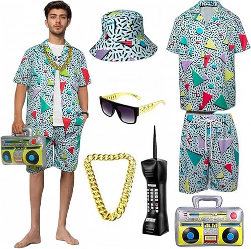 Cozzmats Men's 80s 90s Outfit, 7 Pieces, 80s 90s Outfit, Retro Shirts and Shorts Set with Gold Chain Sunglasses, Fashion Sportswear for Fancy Dress, Disco Party (Green,M) von Cozzmats