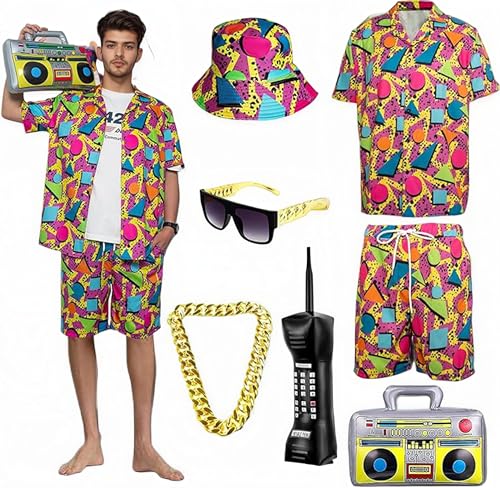 Cozzmats Men's 80s 90s Outfit, 7 Pieces, 80s 90s Outfit, Retro Shirts and Shorts Set with Gold Chain Sunglasses, Fashion Sportswear for Fancy Dress, Disco Party (Red,L) von Cozzmats