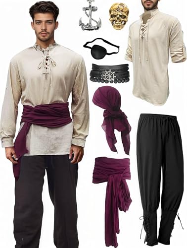 Mens Pirate Costume Outfit Renaissance Costume Men Medieval Outfit With Pants Shirts Sash Accessories Khaki Large (Khaki,X-Large) von Cozzmats