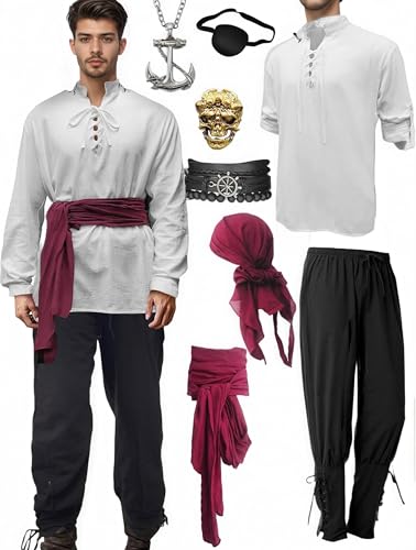 Mens Pirate Costume Outfit Renaissance Costume Men Medieval Outfit With Pants Shirts Sash Accessories Khaki Large (White,X-Large) von Cozzmats