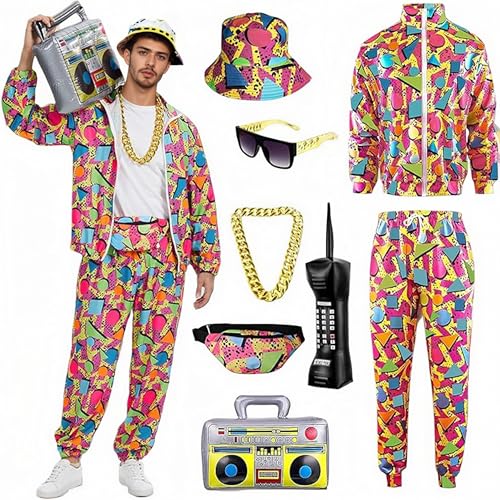 Retro 80s 90s Outfit for Men - 8-Piece Vintage 80s Halloween Costumes for Men-Tracksuit Set with Hip-Hop Accessories (Rot,M) von Cozzmats