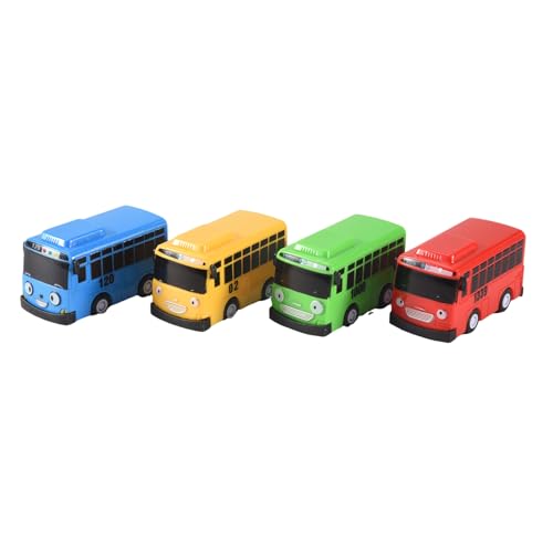 Cpolebev 4 StüCk Kleiner Bus Mini Kunststoff ZurüCkziehen Blau Rot Gelb GrüN Bus Auto Modell für Kinder Geschenk von Cpolebev