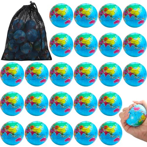 Cptoion 24 Stück Stressball Globus Klein, 6,35 cm Antistressball Welt Stressbälle, Weicher Globus Schaumstoff Stressball Spielzeug für Kinder Erwachsene Fingerübungen Schulparty-Geschenke von Cptoion