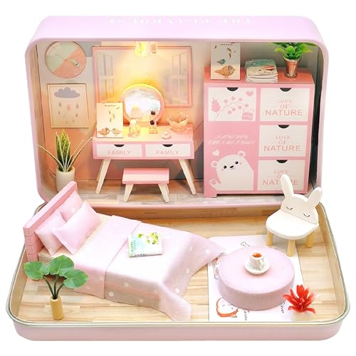 Crafts&Co® DIY Miniature Haus mit Möbeln | DIY Puppenhaus Erwachsene | Hölzernes Puppenhaus-Kit | Holz Mini Haus Modell mit Licht | 1:18 | Rosa Schlafzimmer von Crafts&Co