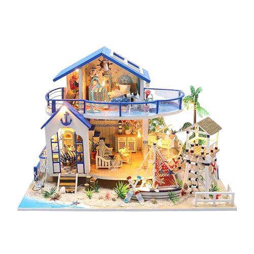 Crafts&Co® DIY Miniature Haus mit Möbeln | DIY Puppenhaus Erwachsene | Hölzernes Puppenhaus-Kit | Holz Mini Haus Modell mit Licht | 1:18 | Strandhaus von Crafts&Co