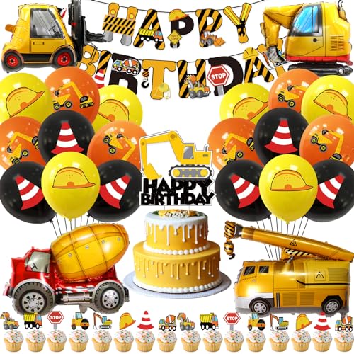 48 Stück Bagger Geburtstag Deko, Baustelle Geburtstagsdeko, BAU Party Dekoration Set Inklusive Bagger Luftballons Happy Birthday Banner und Baustelle Tortendeko von Craggyer