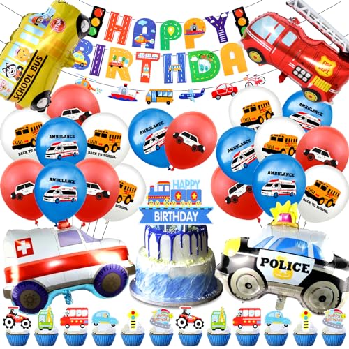 48 Stück Auto Geburtstag Deko, Auto Deko Kindergeburtstag, Cars Deko Geburtstag Set, Enthält Auto Cars Luftballon Happy Birthday Banner Kuchendeko von Craggyer