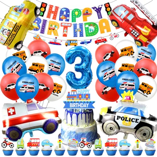 49 Stück Geburtstag Auto 3, Cars Deko Geburtstag 3, Car Luftballon Geburtstag,Happy Birthday Banner, Cars Kuchendeko für Auto Thema Kindergeburtstag Deko von Craggyer