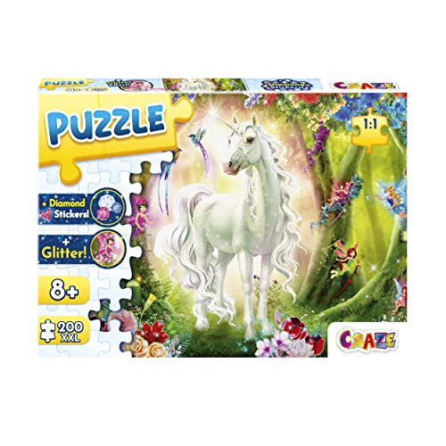 CRAZE Puzzle Magic Forest 200+ Teile mit Glitzerdruck und Diamanten-Aufkleber Einhorn-Puzzle für Kinder ab 8 Jahren, 30257 von CRAZE