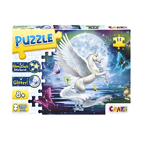 CRAZE Puzzle Moonlight Pegasus 200+ Teile mit Glitzerdruck und Leuchtsternen Pegasus-Puzzle für Kinder ab 8 Jahren von CRAZE