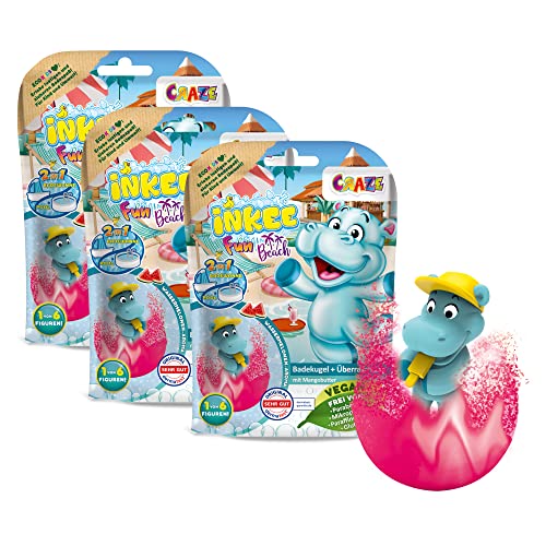 Craze INKEE Badekugeln Kinder mit Überraschung 3er Multipack Surprise Fun Beach , Badebomben Kinder mit Hippo Figuren Badezusatz für die Badewanne von CRAZE