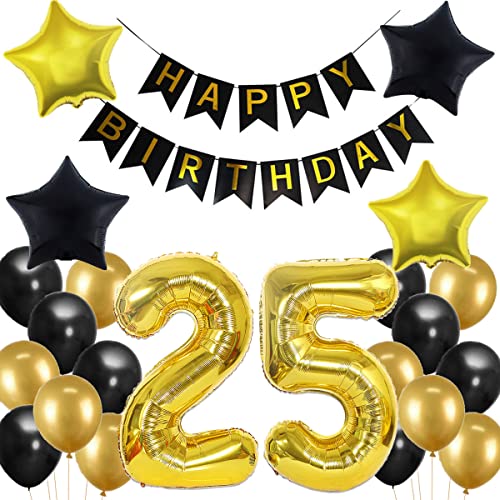 Crazy-M 25. Geburtstag Dekoration, Schwarz-Gold, 2 x 32 cm Zahl 25 Folienballon, 1 x 'Happy Birthday' Banner, 16 x 12 cm Latexballon, 4 x 18 cm Stern Ballon Crazy-M 25. Geburtstag Dekoration, Schwarz-Gold, 2 x 32 cm Zahl 25 Folienballon, 1 x 'Happy Birthday' Banner, 16 x 12 cm Latexballon, 4 x 18 cm Stern Ballon von Crazy-M