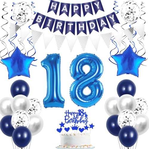 Crazy-M 18. Geburtstag Junge Deko Set - Blau Silber Geburtstagsdeko mit Ballons, Banner, Tortendeko & Hängedeko von Crazy-M