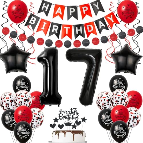 Luftballon 17 Geburtstag Mädchen Deko, 17 Jahre Mädchen Geburtstagsdeko Ballon, Schwarz rot Luftballon Deko 17.geburtstag mädchen dekoration Schwarz, rot Tortendeko 17 Geburtstag deko für mädchen von Crazy-M