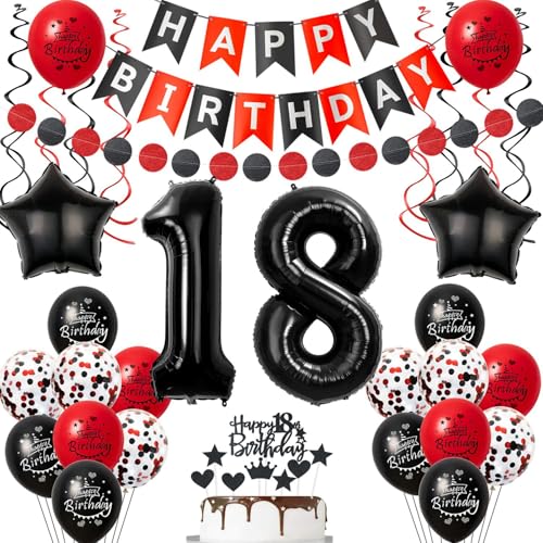 Luftballon 18 Geburtstag Mädchen Deko, 18 Jahre Mädchen Geburtstagsdeko Ballon, Schwarz rot Luftballon Deko 18.geburtstag mädchen dekoration Schwarz, rot Tortendeko 18 Geburtstag deko für mädchen von Crazy-M