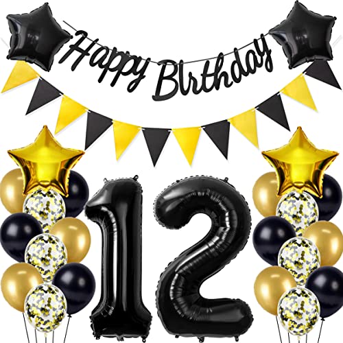 Schwarz/Gold luftballons 12.geburtstag deko für jungen mädchen,geburtstagsdeko 12 jahre junge mann,folienballon 12 jahre geburtstag dekoration happy birthday banner für 12 geburtstag junge deko(12) von Crazy-M