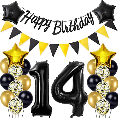 Schwarz/Gold luftballons 14.geburtstag deko für jungen mädchen,geburtstagsdeko 14 jahre junge mann,folienballon 14 jahre geburtstag dekoration happy birthday banner für 14 geburtstag junge deko(14) von Crazy-M