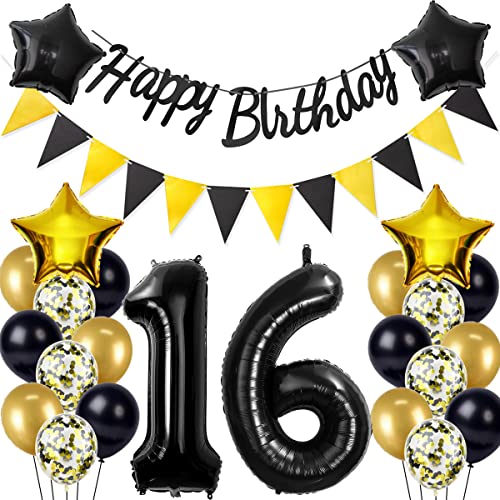 Schwarz/Gold luftballons 16.geburtstag deko für jungen mädchen,geburtstagsdeko 16 jahre junge mann,folienballon 16 jahre geburtstag dekoration happy birthday banner für 16 geburtstag junge deko(16) von Crazy-M