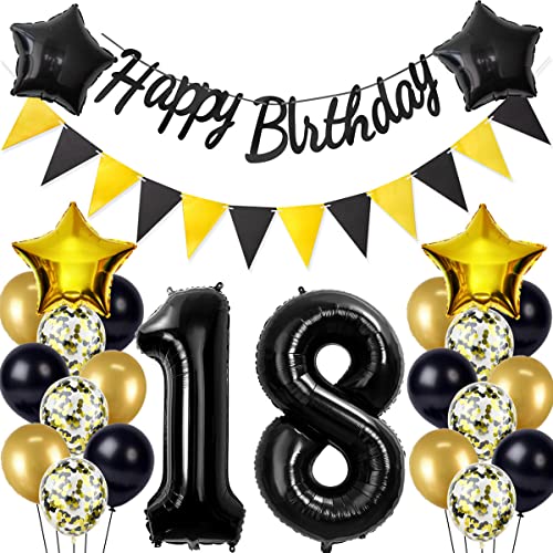 Schwarz/Gold luftballons 18.geburtstag deko für jungen mädchen,geburtstagsdeko 18 jahre junge mann,folienballon 18 jahre geburtstag dekoration happy birthday banner für 18 geburtstag junge deko(18) von Crazy-M