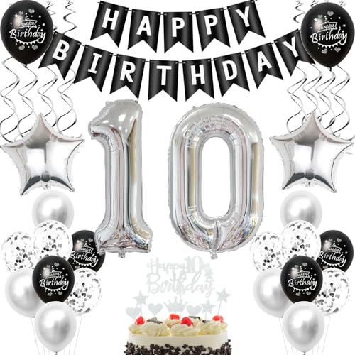 Schwarz silber luftballon 10 geburtstag deko mädchen junge, 10 jahre junge geburtstagsdeko 10 jahre mädchen ballon, Schwarz deko 10. geburtstag mädchen ballon tortendeko 10 geburtstag dekoration von Crazy-M