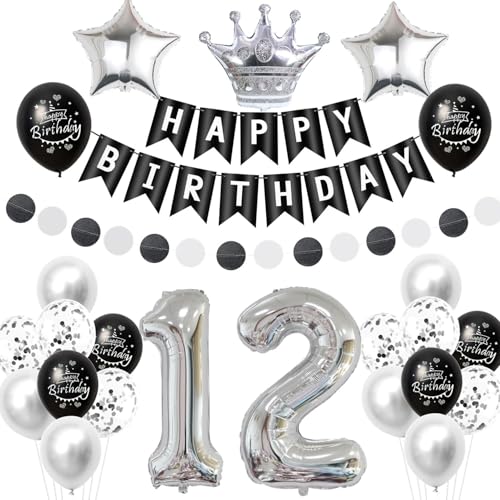 Crazy-M Schwarz Silber 12. Geburtstag Dekoration für Mädchen: 22-teiliges Set mit Ballons, Banner, Konfetti und Zubehör für Mädchen (12 Jahre) von Crazy-M