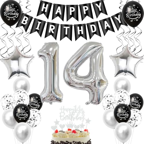 Schwarz silber luftballon 14 geburtstag deko mädchen junge, 14 jahre junge geburtstagsdeko 14 jahre mädchen ballon, Schwarz deko 14. geburtstag mädchen ballon tortendeko 14 geburtstag dekoration von Crazy-M