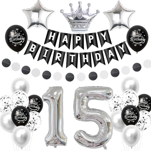 Schwarz silber luftballon 15 geburtstag deko mädchen junge, 15 jahre junge geburtstagsdeko 15 jahre mädchen ballon, Schwarz deko 15. geburtstag mädchen ballon 15 geburtstag junge dekoration silber von Crazy-M