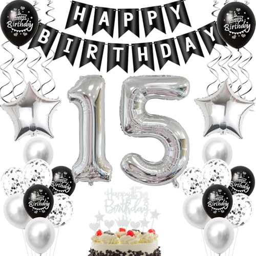 Schwarz silber luftballon 15 geburtstag deko mädchen junge, 15 jahre junge geburtstagsdeko 15 jahre mädchen ballon, Schwarz deko 15. geburtstag mädchen ballon tortendeko 15 geburtstag dekoration von Crazy-M