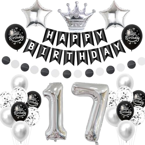 Schwarz silber luftballon 17 geburtstag deko mädchen junge, 17 jahre junge geburtstagsdeko 17 jahre mädchen ballon, Schwarz deko 17. geburtstag mädchen ballon 17 geburtstag junge dekoration silber von Crazy-M