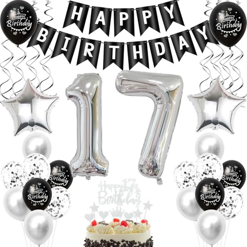 Schwarz silber luftballon 17 geburtstag deko mädchen junge, 17 jahre junge geburtstagsdeko 17 jahre mädchen ballon, Schwarz deko 17. geburtstag mädchen ballon tortendeko 17 geburtstag dekoration von Crazy-M