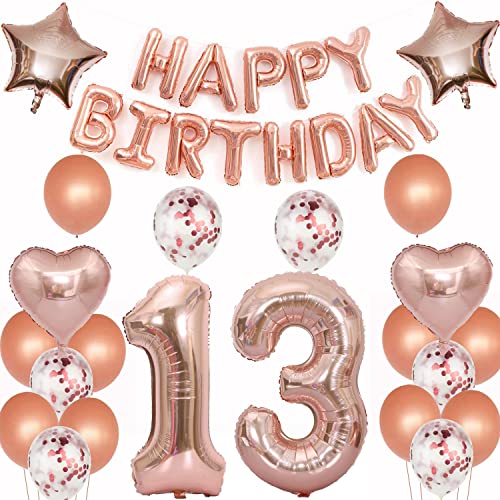 Crazy-m 13 Geburtstag Dekorationen Kit Folienballon 13 Geburtstag Dekorationen Rosegold für Mädchen Birthday Party Supplies Alles Gute zum Geburtstag Konfetti Happy Birthday 13 Buchstaben Banner, von Crazy-M