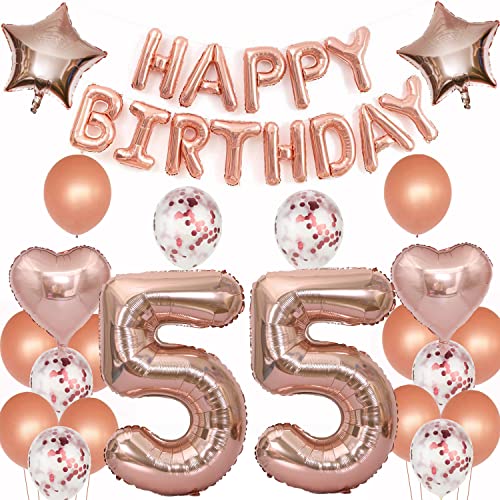 Crazy-M 55 Jahre Geburtstag Deko Set für Damen: 24-teiliges Set mit Rosegold Ballons, Stern, Herz, '55' Nummer, Konfetti, Banner und Ballonbändern für den 55. Geburtstag von Frauen von Crazy-M