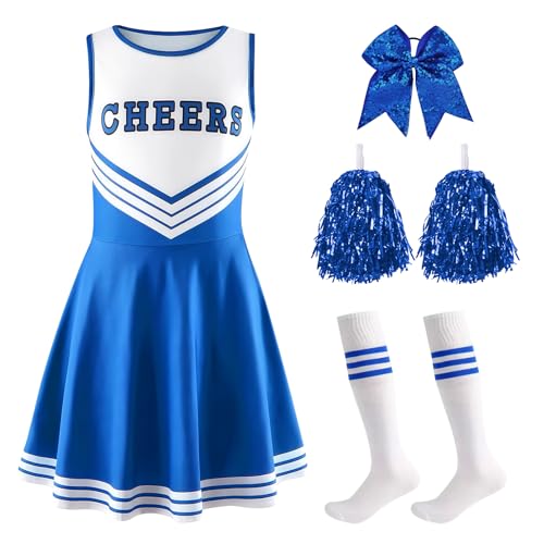 Crazycos Cheerleader Kostüm Kinder, 4PCS Cheerleadering Outfit Mädchen für Karneval Halloween, Fasching, Mottoparty-Blue XL Crazycos Cheerleader Kostüm Kinder, 4PCS Cheerleadering Outfit Mädchen für Karneval Halloween, Fasching, Mottoparty-Blue XL von Crazycos