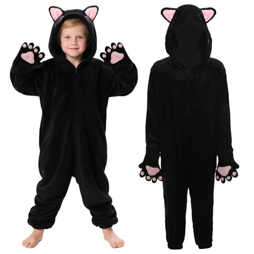 Crazycos Katzenkostüm Kinder Tier Onesie Schwarze Katze Onesies Kinder Cosplay für Halloween Karneval Faschingskostüm Jungen und Mädchen-M von Crazycos