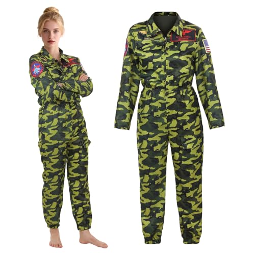 Crazycos Kostüm Damen Pilot, Tarnfarbe Kampfjet Pilot Kostüm, Damen Pilotenkostüme, Halloweenparty und Partykostüme L von Crazycos